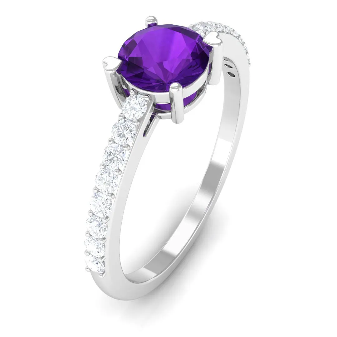 1 CT Round Shape Solitaire Amethyst Designer Promise Ring with Diamond