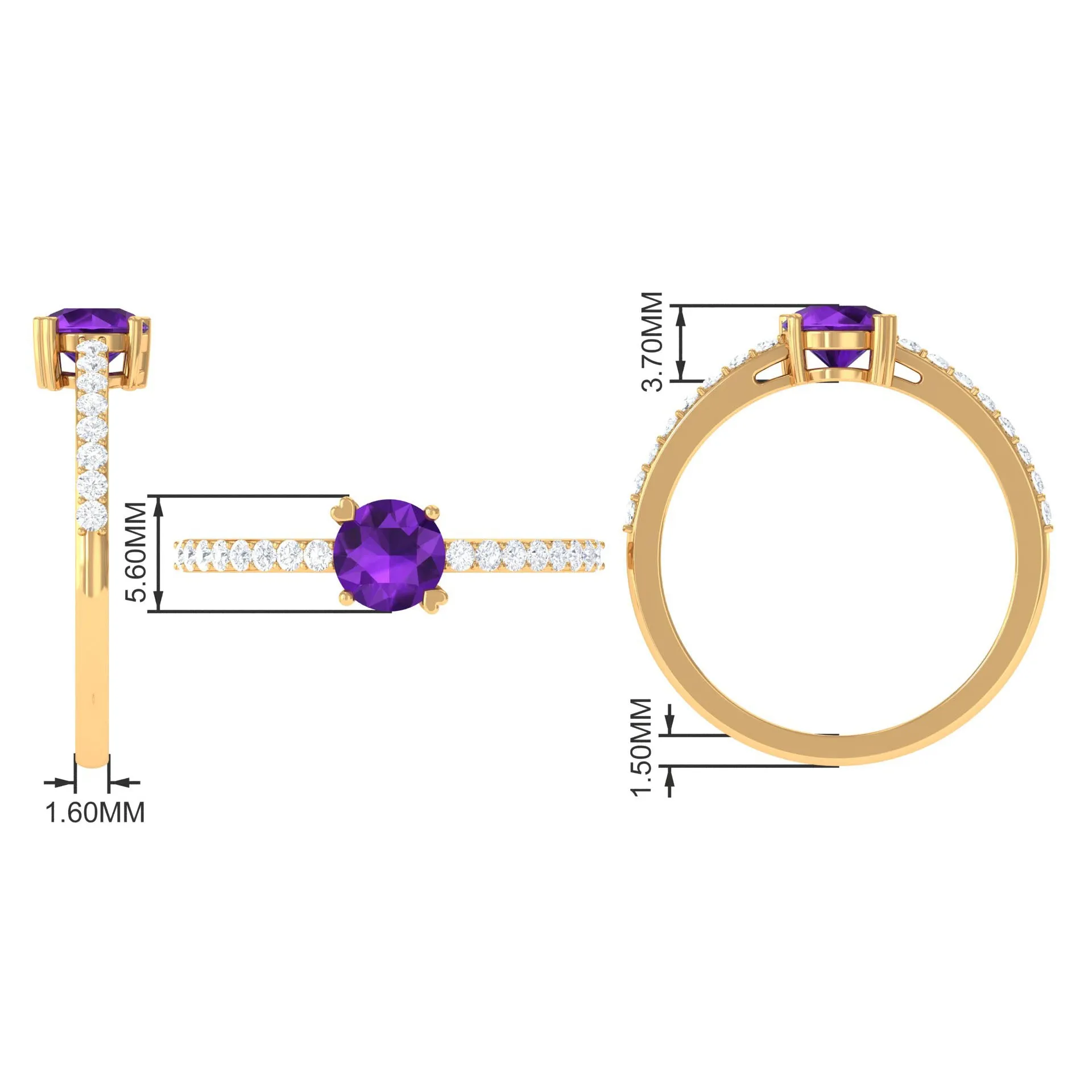 1 CT Round Shape Solitaire Amethyst Designer Promise Ring with Diamond