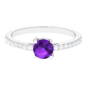 1 CT Round Shape Solitaire Amethyst Designer Promise Ring with Diamond