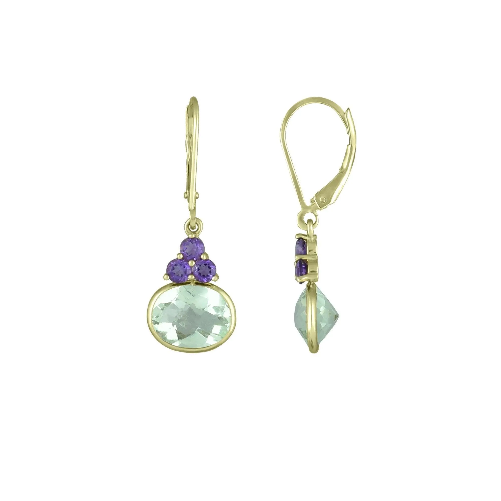 10K Yellow Gold Dangle Earrings with Amethyst and Green Amethyst