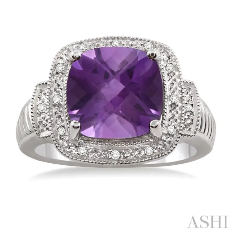 10x10 mm Cushion Cut Amethyst and 1/20 ctw Single Cut Diamond Ring in Sterling Silver