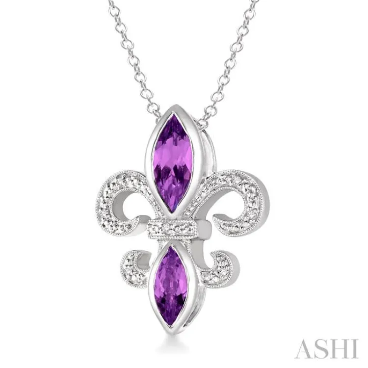 10x5 & 8x4 mm marquise cut Amethyst and 1/50 Ctw Single Cut Diamond Fleur De Lis Pendant in Sterling Silver with Chain