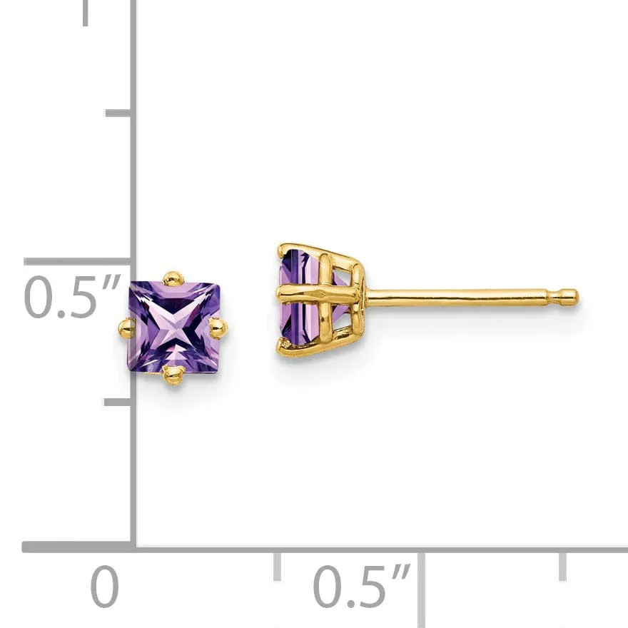 14k Yellow Gold 4MM Princess Cut Amethyst Earring