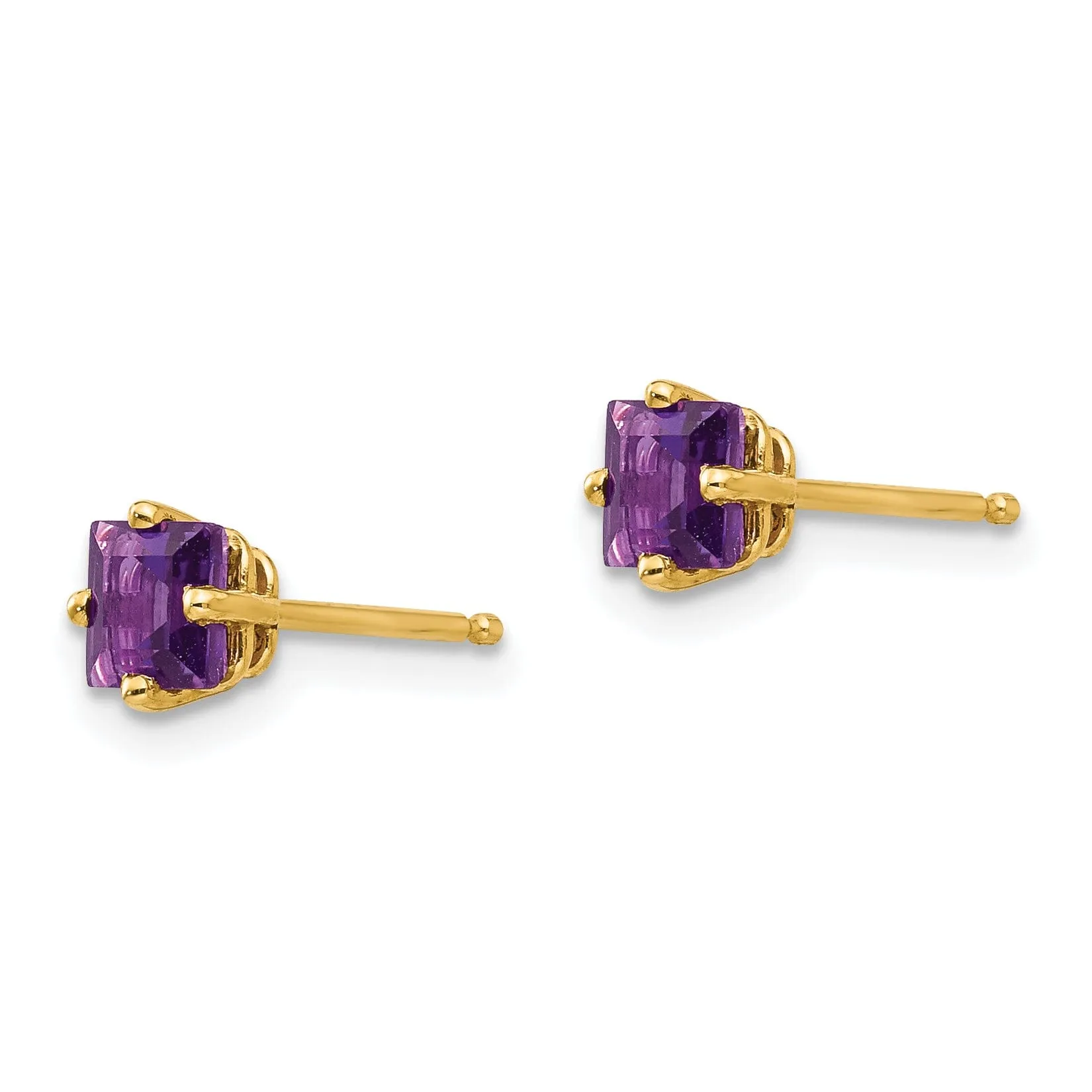 14k Yellow Gold 4MM Princess Cut Amethyst Earring