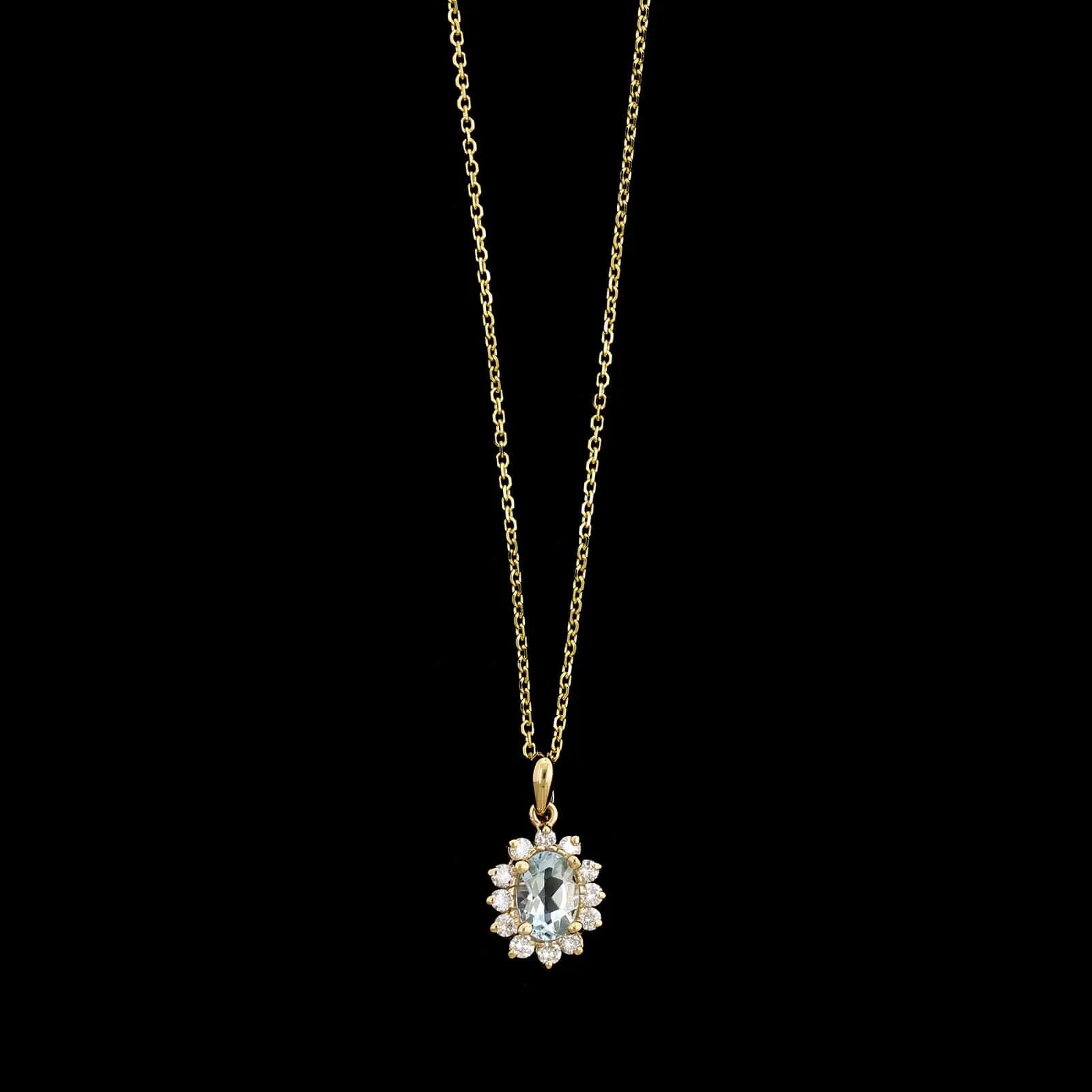 14K Yellow Gold Estate Aquamarine and Diamond Halo Pendant Necklace