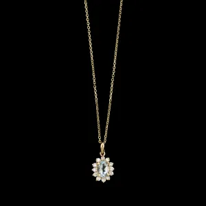 14K Yellow Gold Estate Aquamarine and Diamond Halo Pendant Necklace