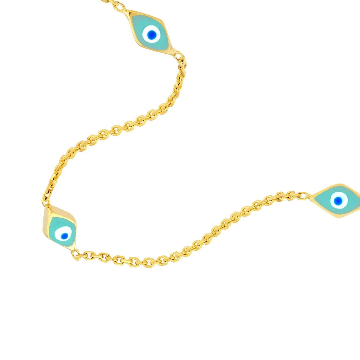 14K Yellow Gold Turquoise Enamel Evil Eye Station Necklace