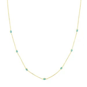 14K Yellow Gold Turquoise Enamel Evil Eye Station Necklace