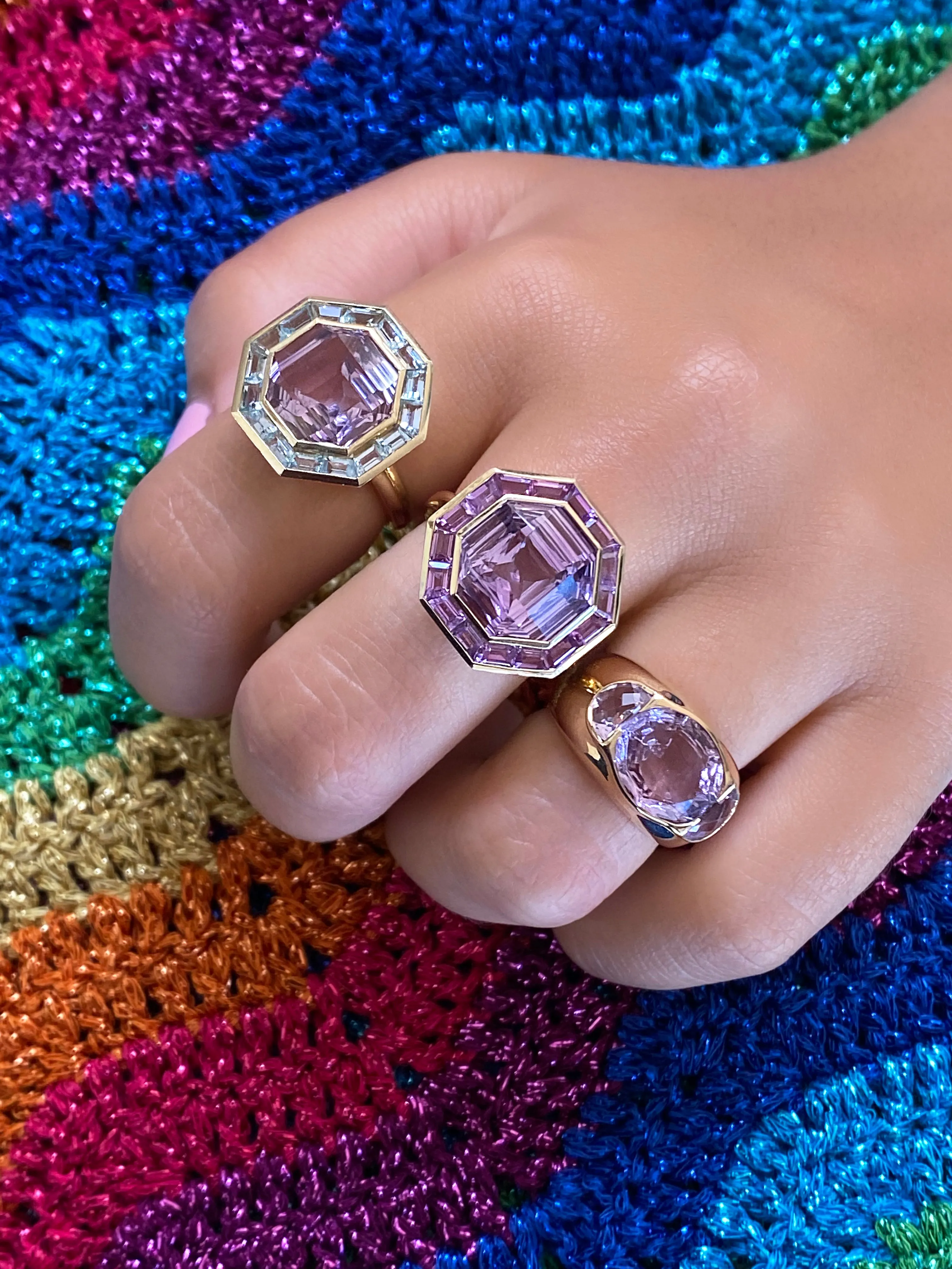 14K YG Triptych Rose de France Amethyst Gypsy Ring