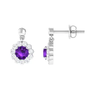 1.5 CT Real Amethyst and Diamond Flower Halo Drop Earrings