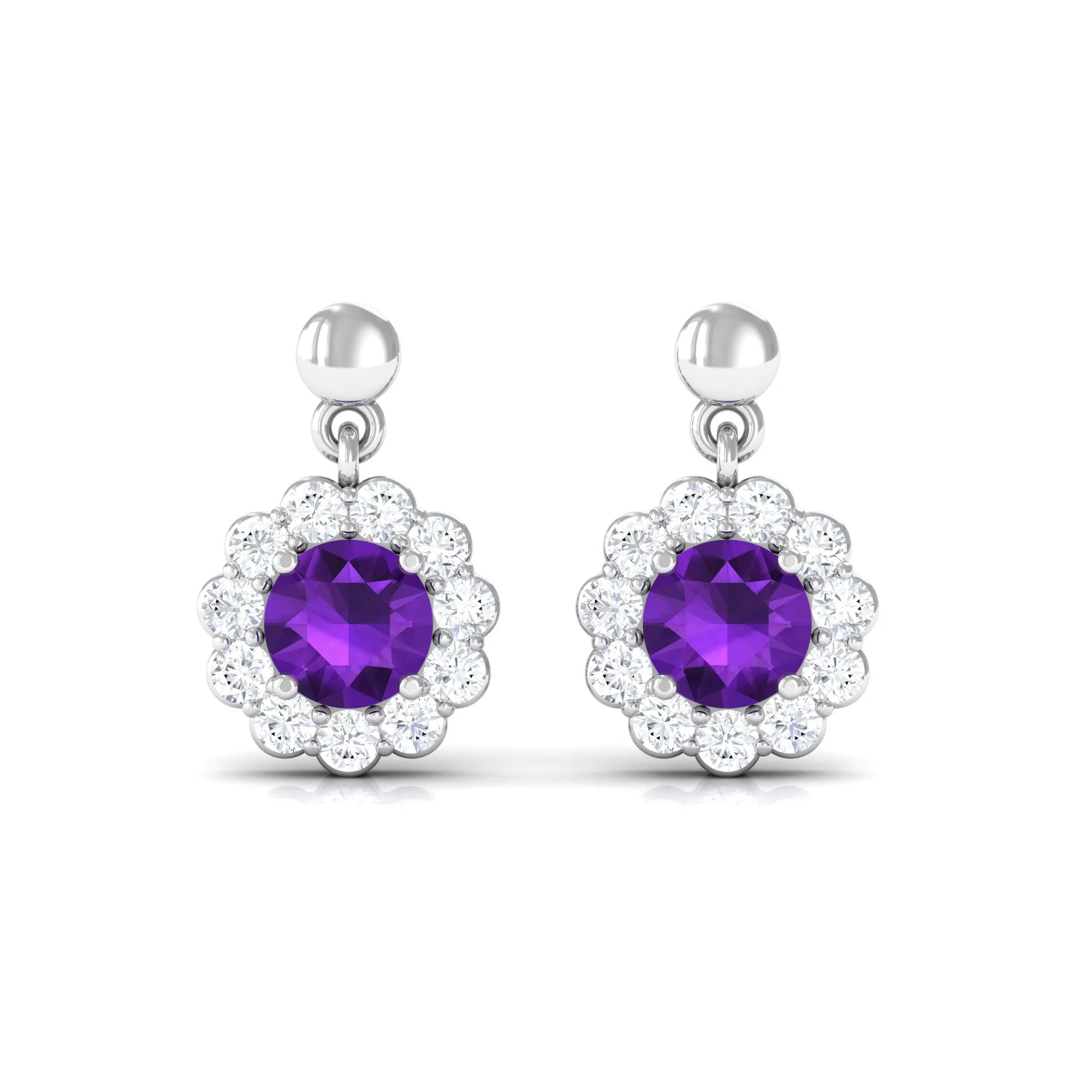 1.5 CT Real Amethyst and Diamond Flower Halo Drop Earrings