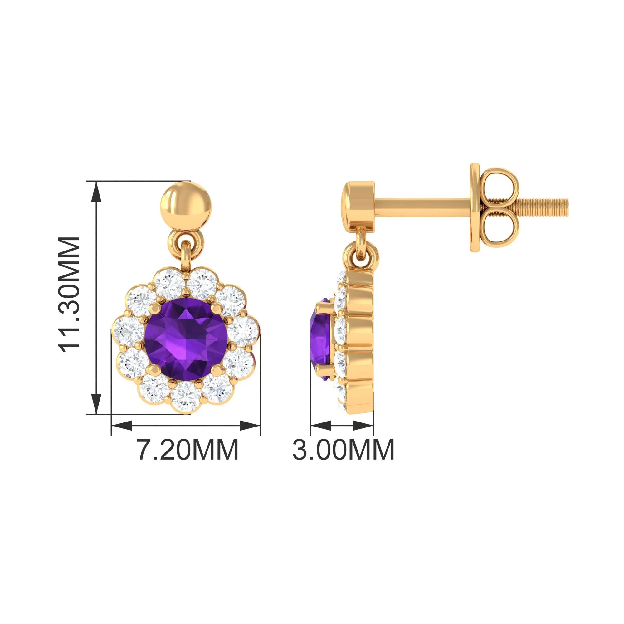 1.5 CT Real Amethyst and Diamond Flower Halo Drop Earrings