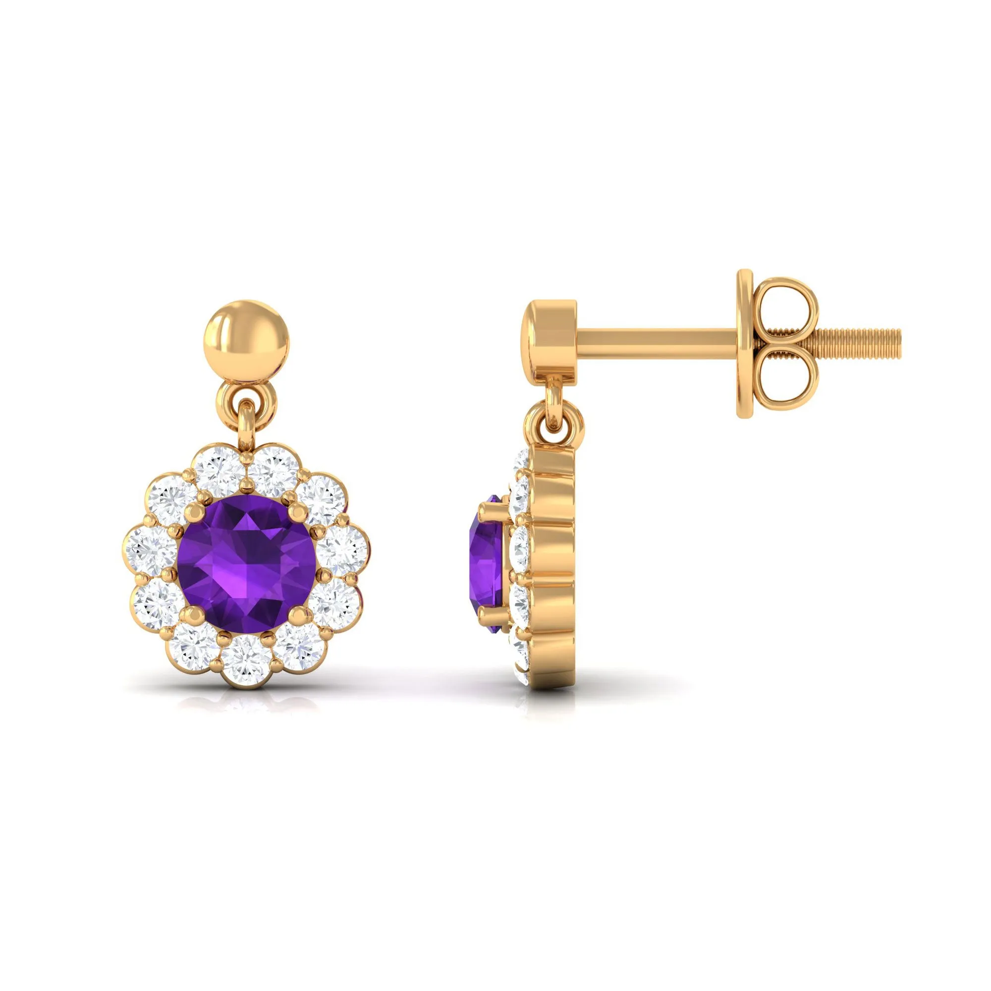 1.5 CT Real Amethyst and Diamond Flower Halo Drop Earrings