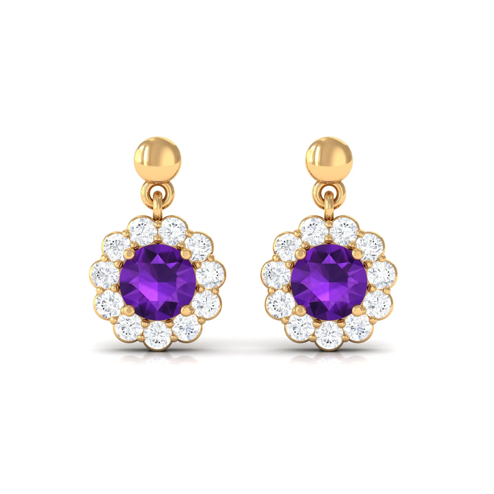 1.5 CT Real Amethyst and Diamond Flower Halo Drop Earrings