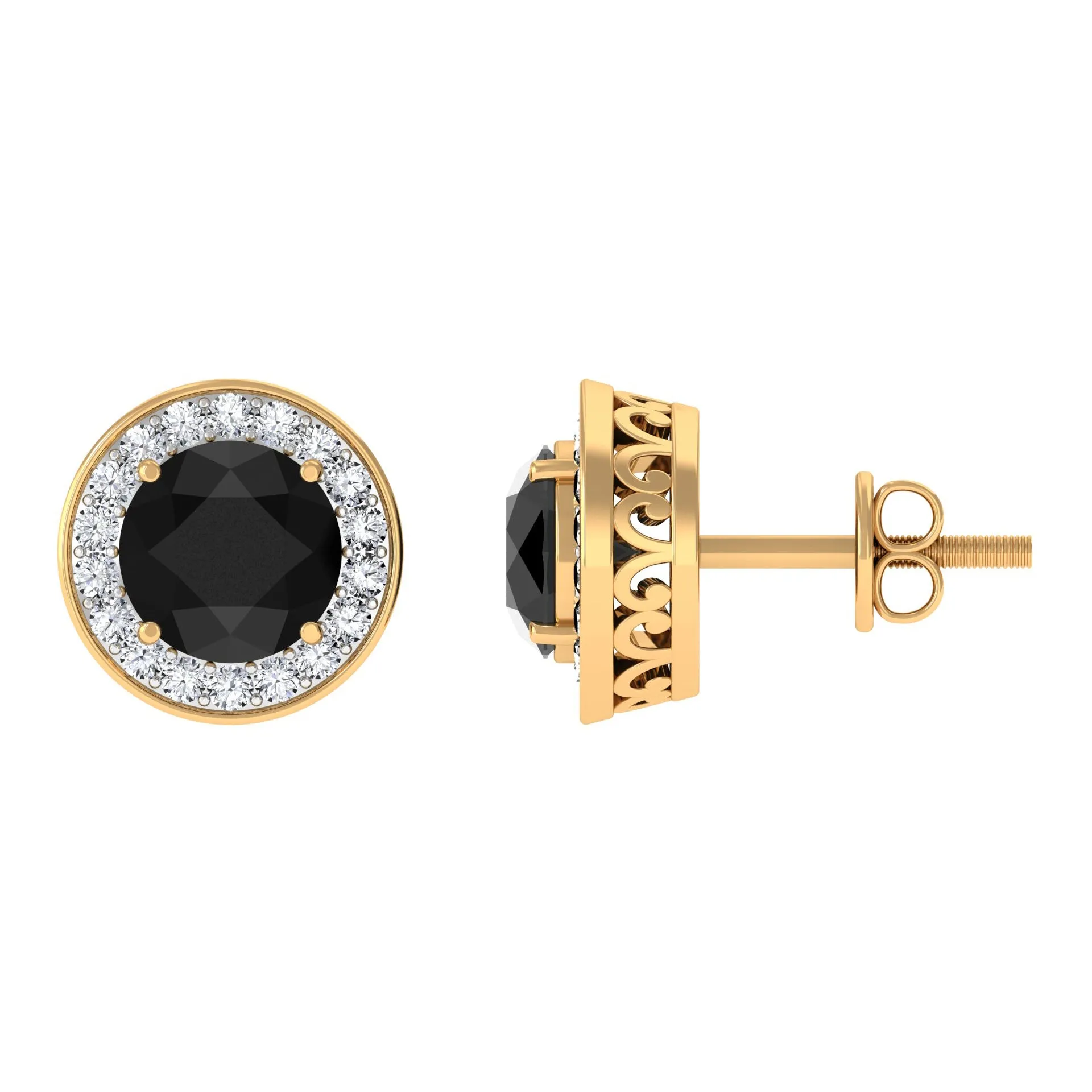 2 CT Classic Black Onyx and Diamond Halo Stud Earrings