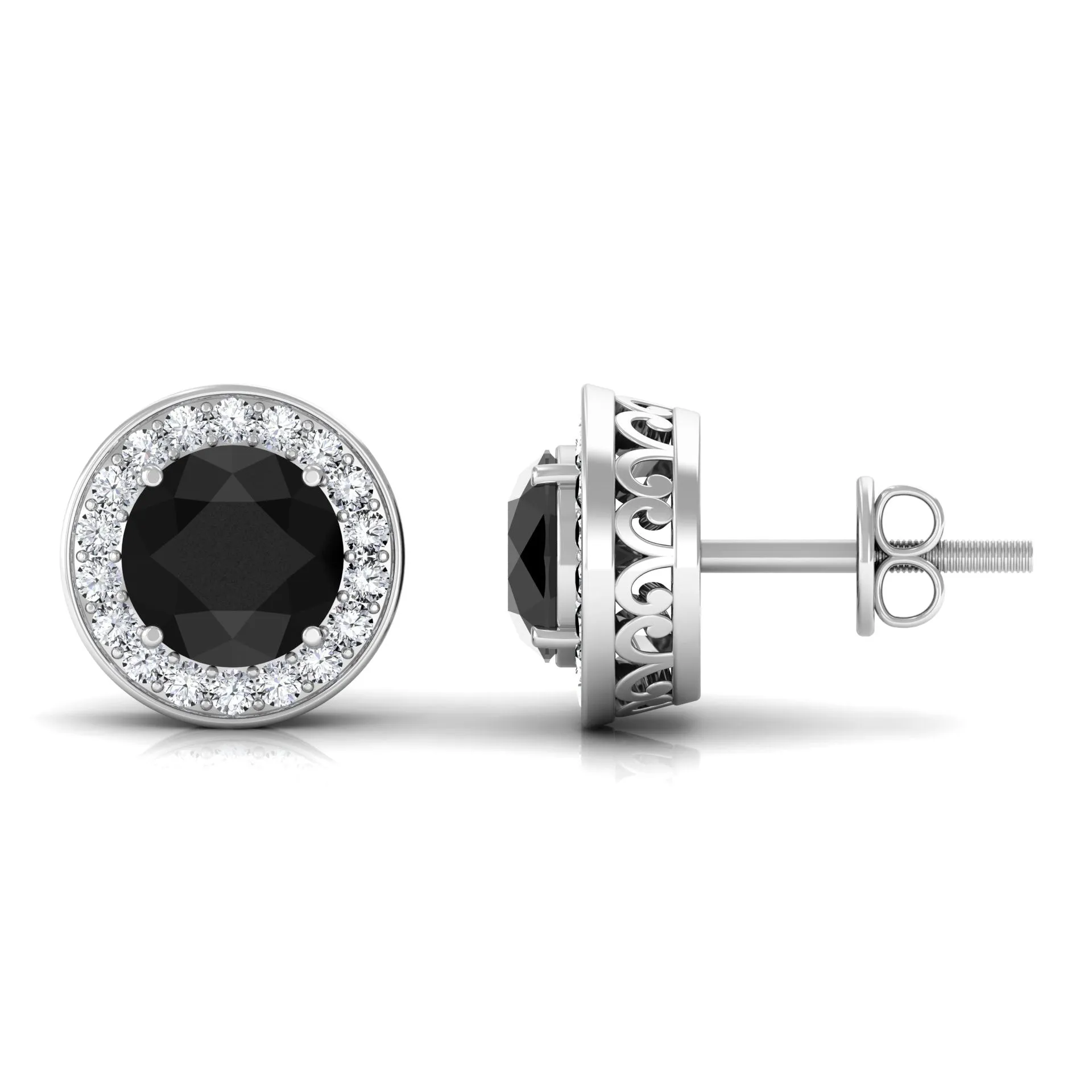 2 CT Classic Black Onyx and Diamond Halo Stud Earrings