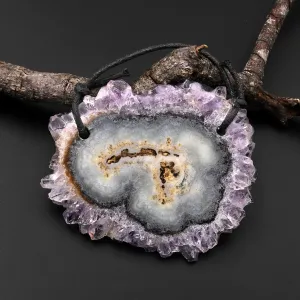 2 Hole Pendant Natural Amethyst Stalactite Flower Pendant Flat Slice Freeform One of a Kind P0109