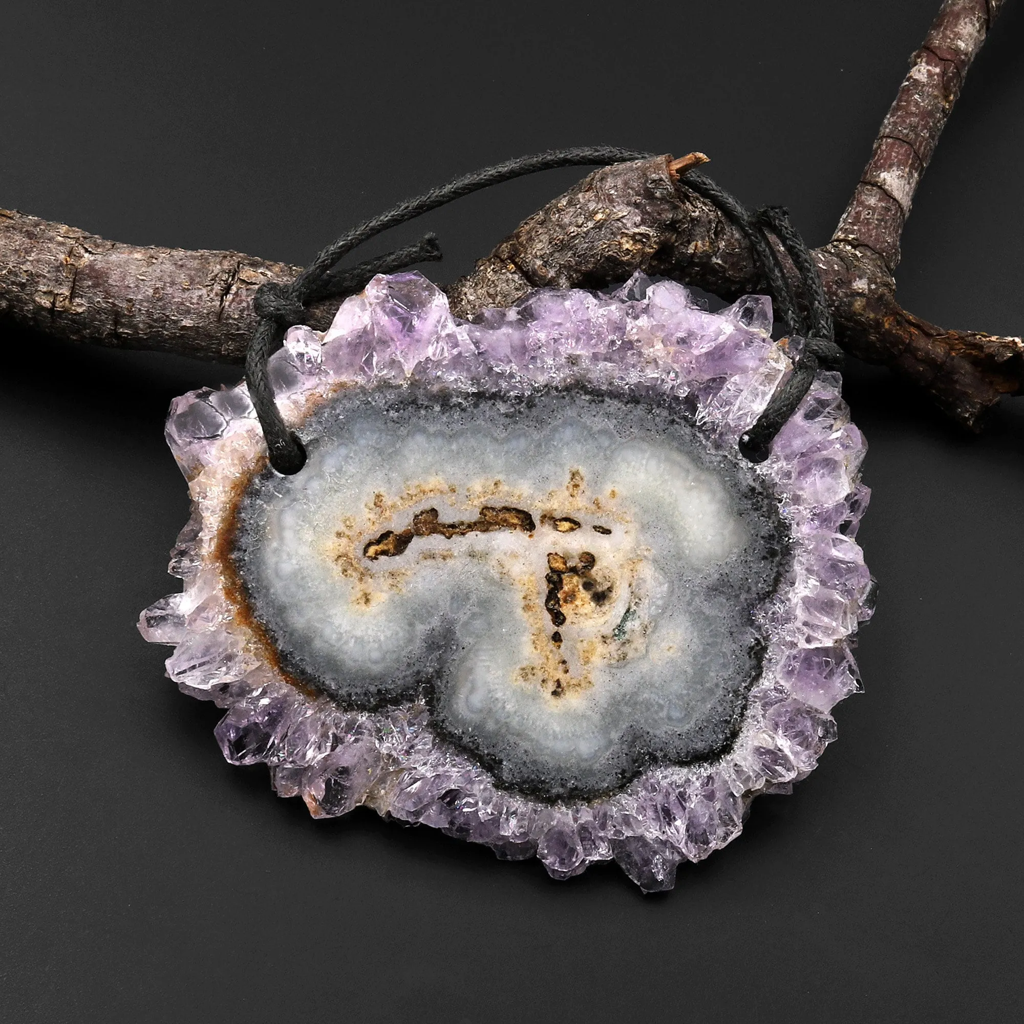 2 Hole Pendant Natural Amethyst Stalactite Flower Pendant Flat Slice Freeform One of a Kind P0109