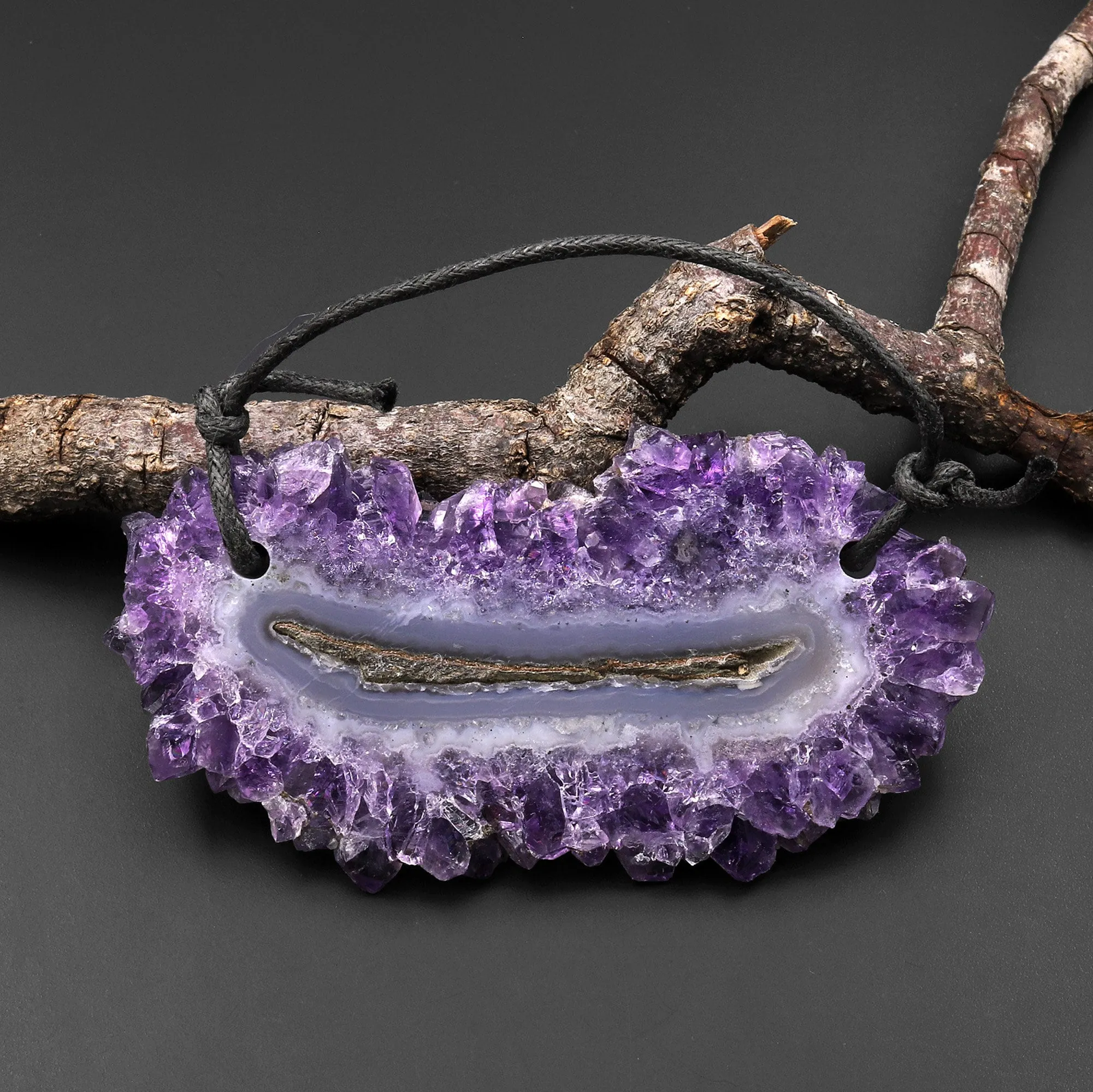 2 Hole Pendant Natural Amethyst Stalactite Flower Pendant Flat Slice Freeform One of a Kind P0138