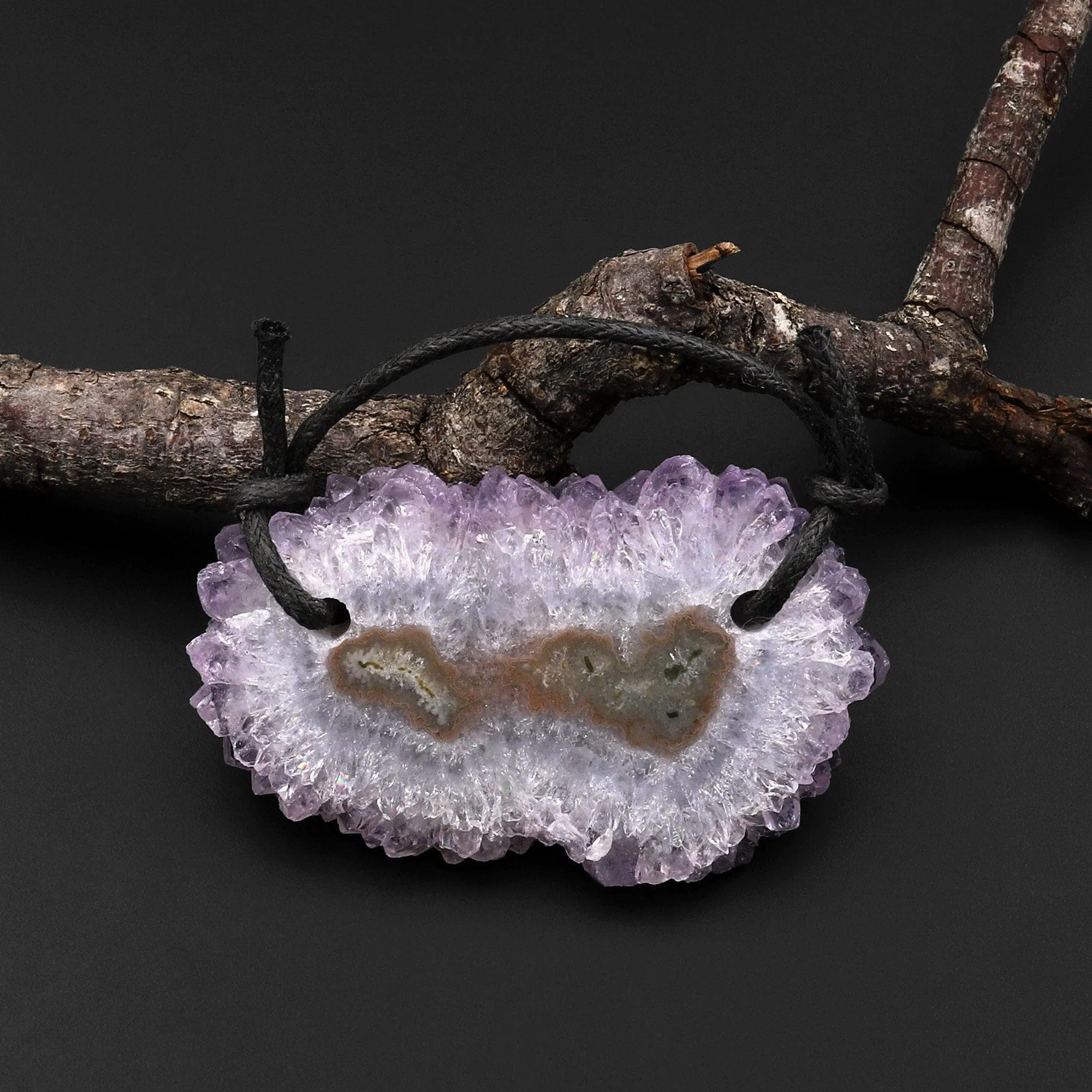 2 Hole Pendant Natural Amethyst Stalactite Flower Pendant Flat Slice Freeform One of a Kind P0145