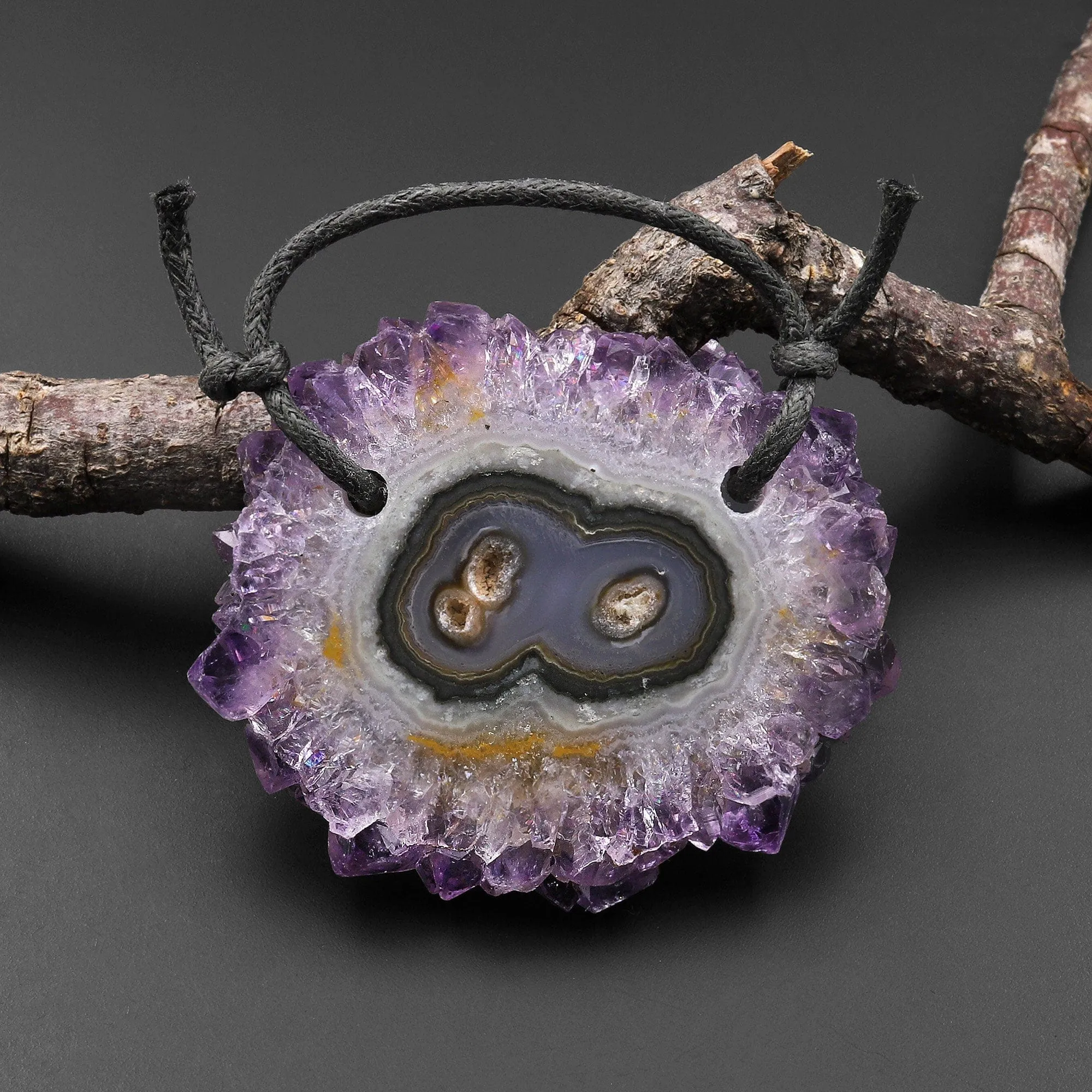 2 Hole Pendant Natural Amethyst Stalactite Flower Pendant Flat Slice Freeform One of a Kind P0176