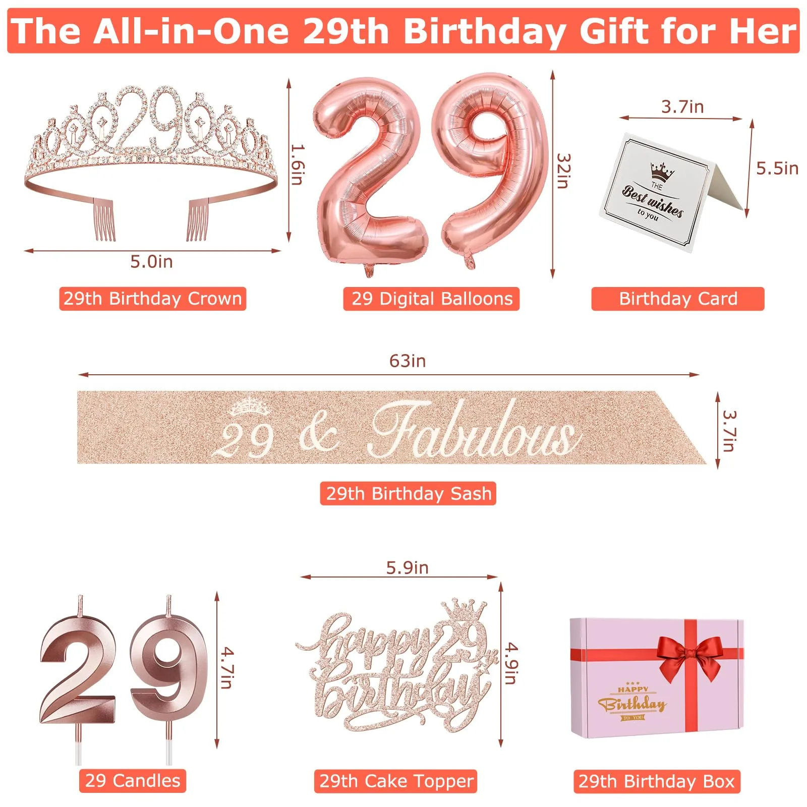 29th Birthday Decorations for Women Including Birthday Sash, 29th Tiara for Women, Candles and Cake Toppers, Number 29 Balloons, 29th Birthday Gifts for Happy 29th Birthday Party Favor Supplies