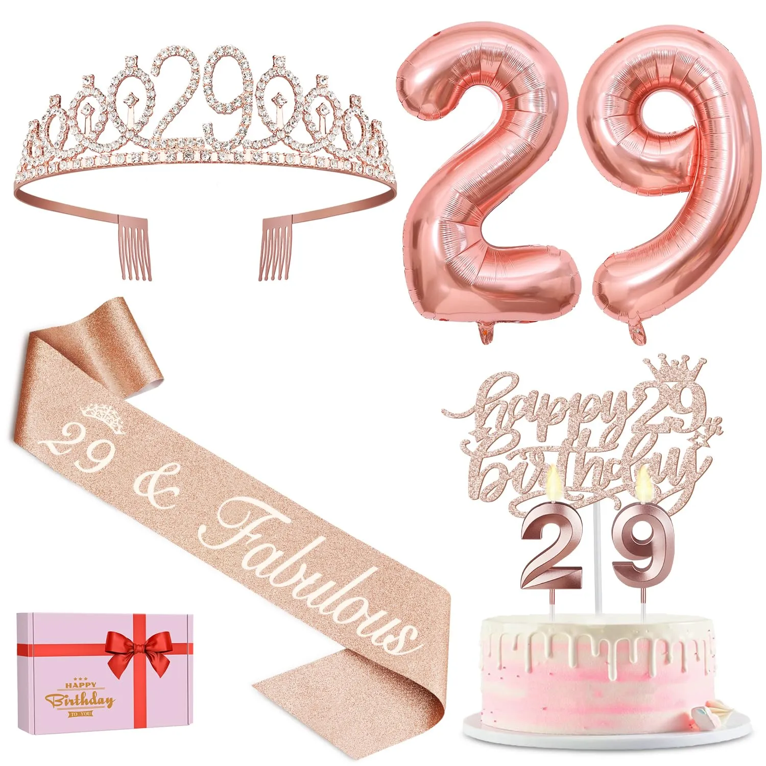 29th Birthday Decorations for Women Including Birthday Sash, 29th Tiara for Women, Candles and Cake Toppers, Number 29 Balloons, 29th Birthday Gifts for Happy 29th Birthday Party Favor Supplies