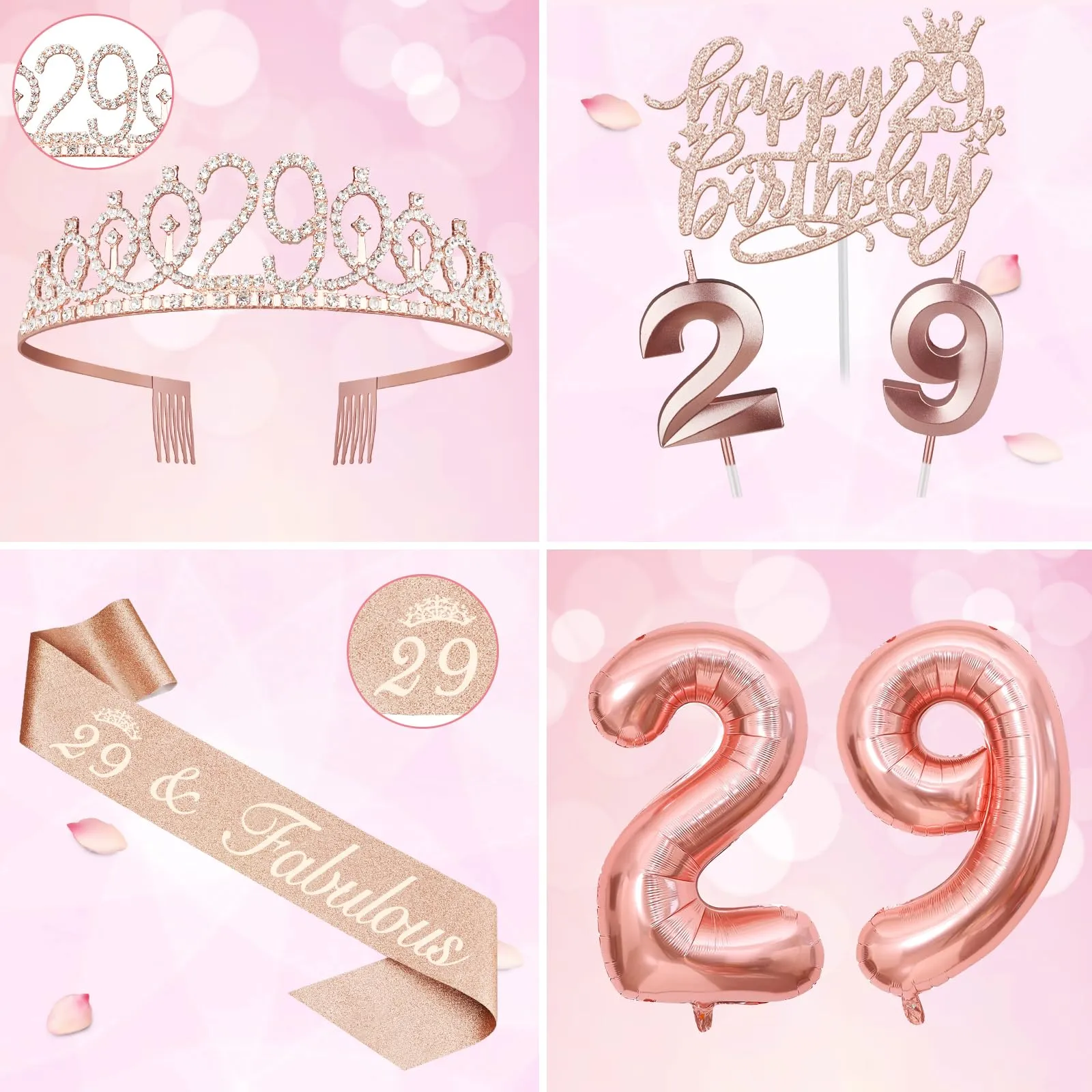 29th Birthday Decorations for Women Including Birthday Sash, 29th Tiara for Women, Candles and Cake Toppers, Number 29 Balloons, 29th Birthday Gifts for Happy 29th Birthday Party Favor Supplies