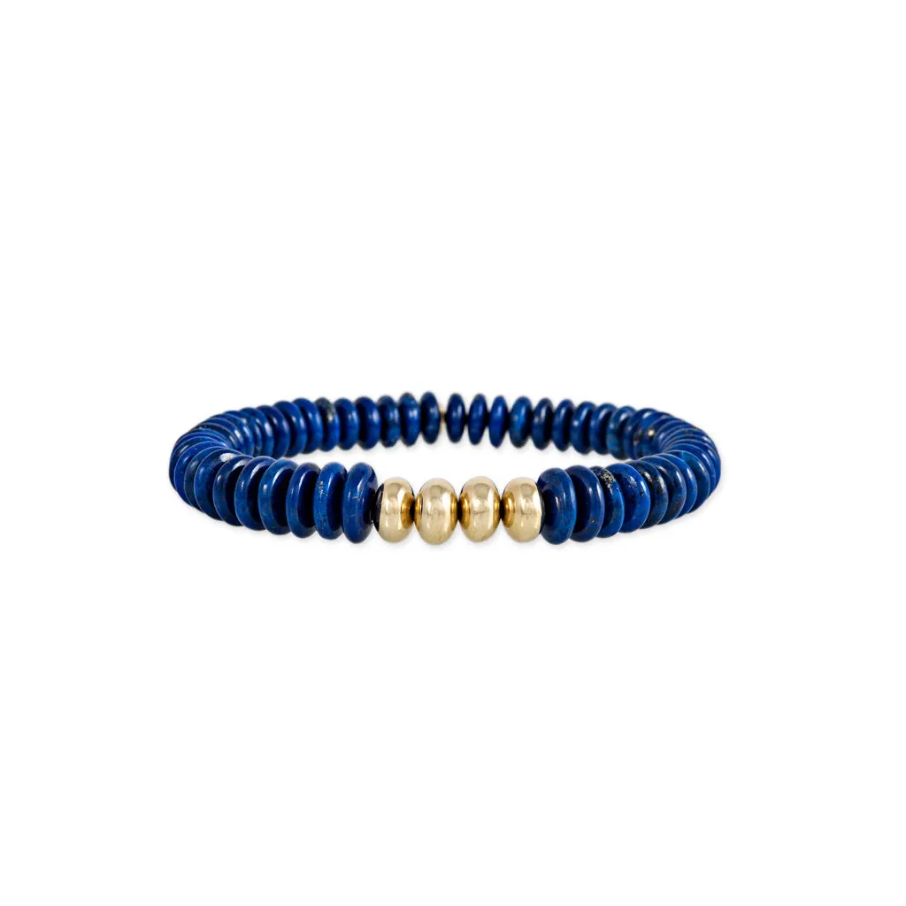 4 GOLD BEADS   LAPIS BEADED STRETCH BRACELET