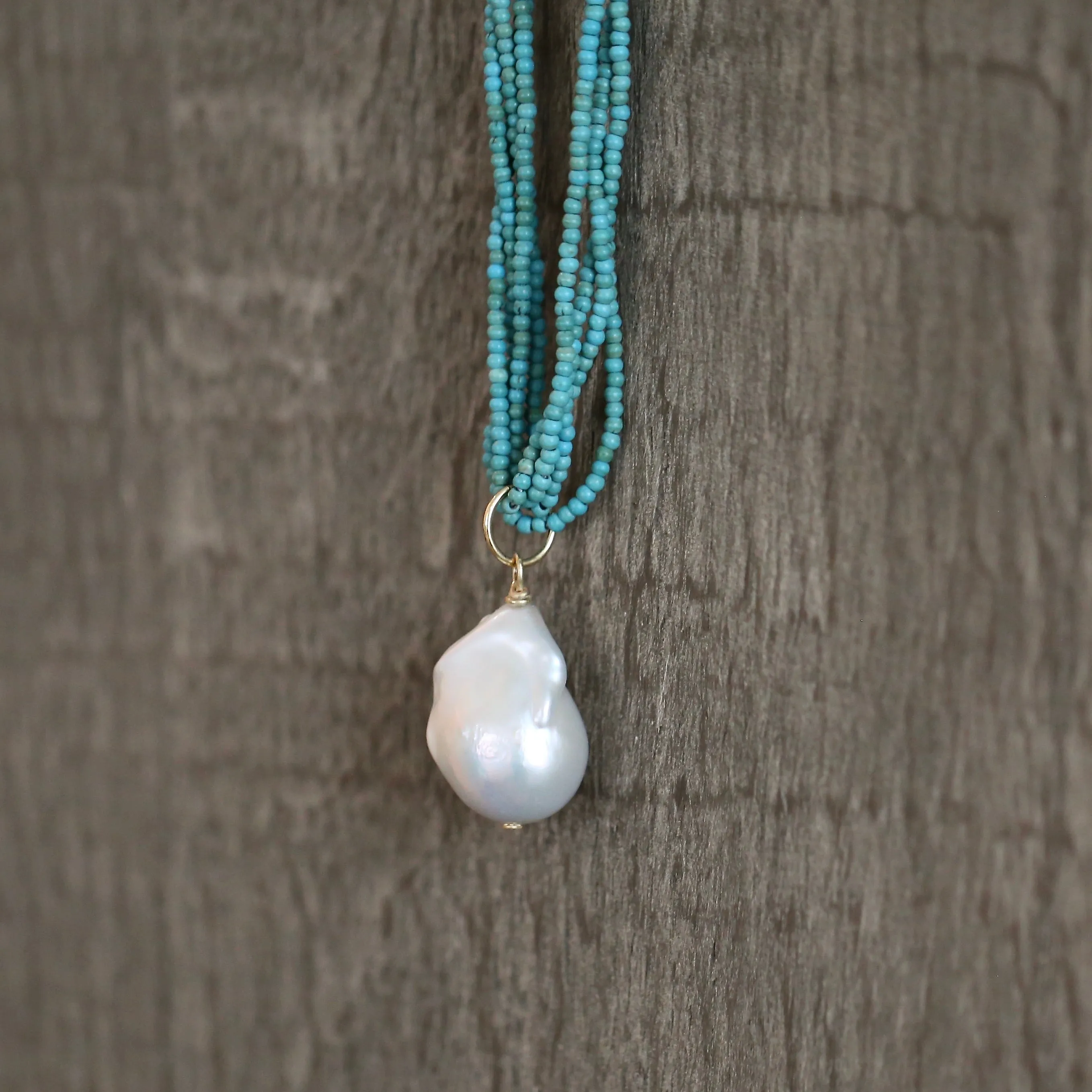 425-01-G | 5-STRAND TURQUOISE & WILD PEARL DROP 18" ON GOLD