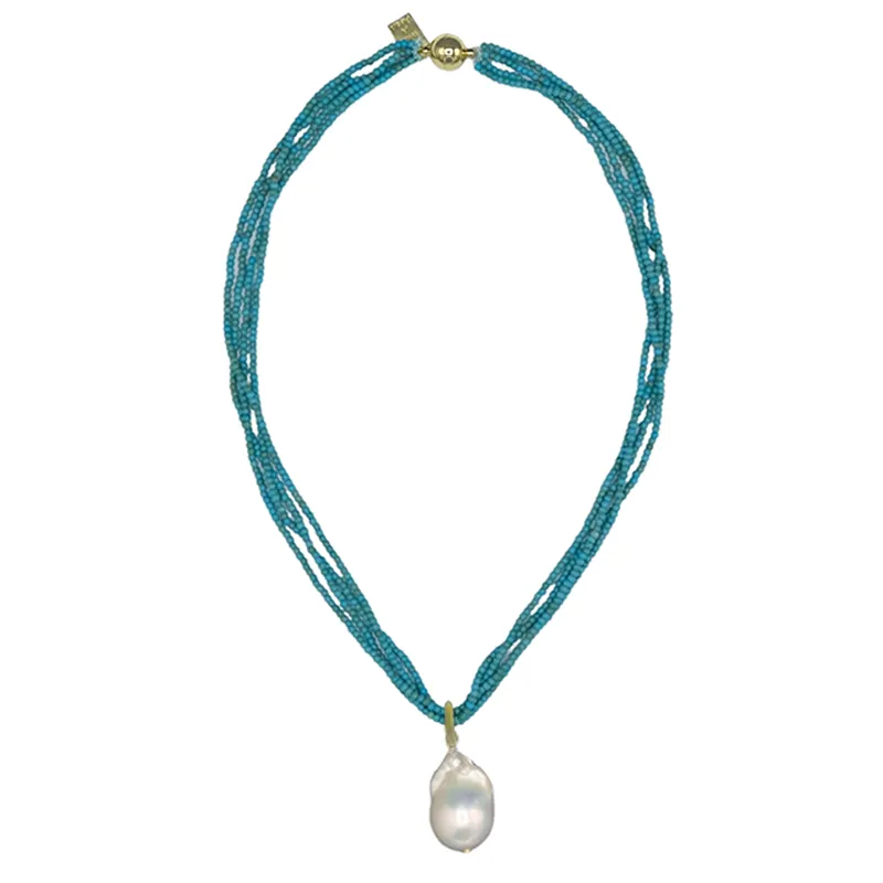 425-01-G | 5-STRAND TURQUOISE & WILD PEARL DROP 18" ON GOLD