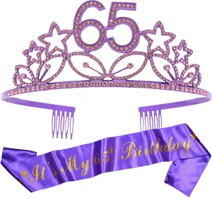 65th Birthday Gifts for Woman, 65th Birthday Tiara and Sash purple, HAPPY 65th Birthday