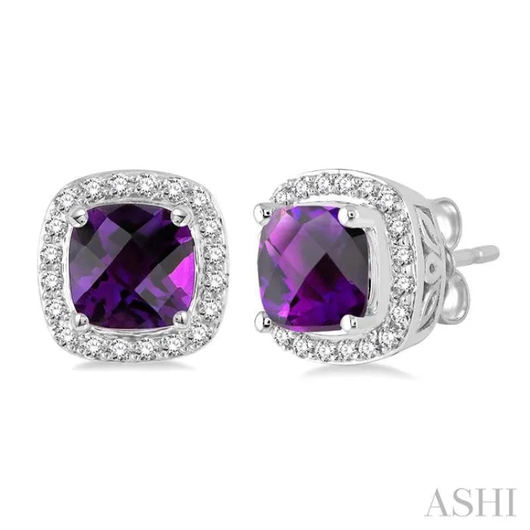 6x6  MM Cushion Shape Amethyst and 1/4 Ctw Round Cut Diamond Earrings in 14K White Gold