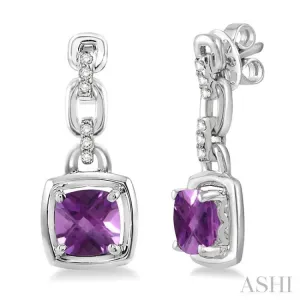 6x6MM Cushion Checker Amethyst and 1/10 Ctw Single Cut Diamond Earrings in Sterling Silver