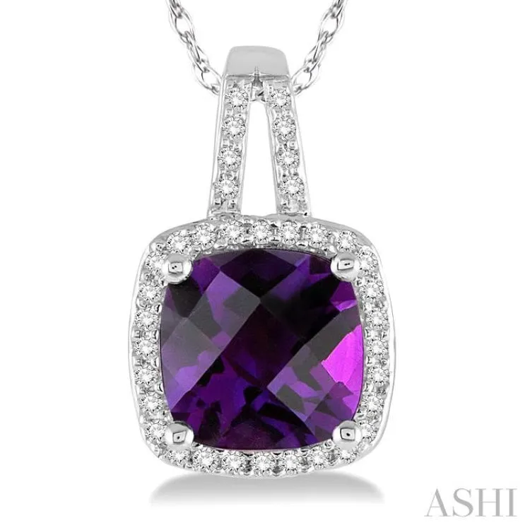 8x8 MM Cushion Cut Amethyst and 1/5 Ctw Round Cut Diamond Pendant in 10K White Gold with Chain