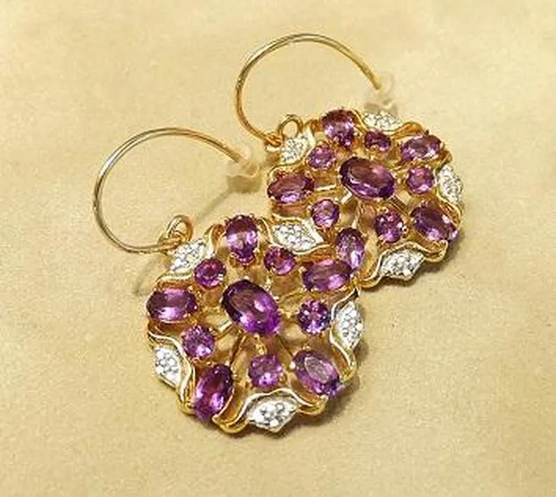 Amethyst and White Topaz Gemstone Gold Earrings