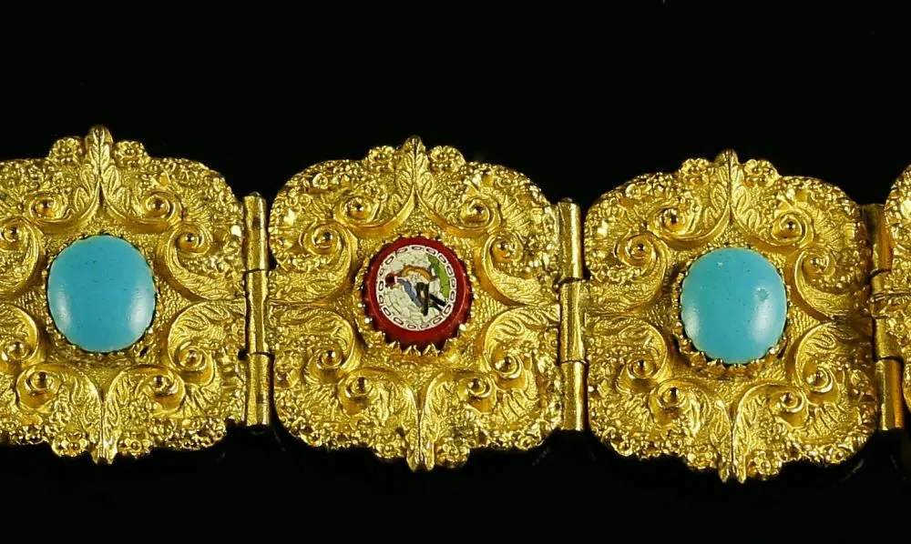 Antique Victorian Micro Mosaic Bracelet Birds/Turquoise Cannetiille Circa 1860