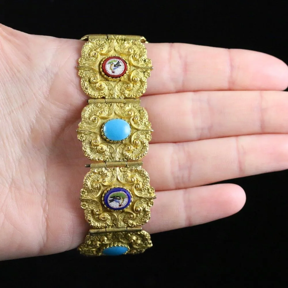 Antique Victorian Micro Mosaic Bracelet Birds/Turquoise Cannetiille Circa 1860