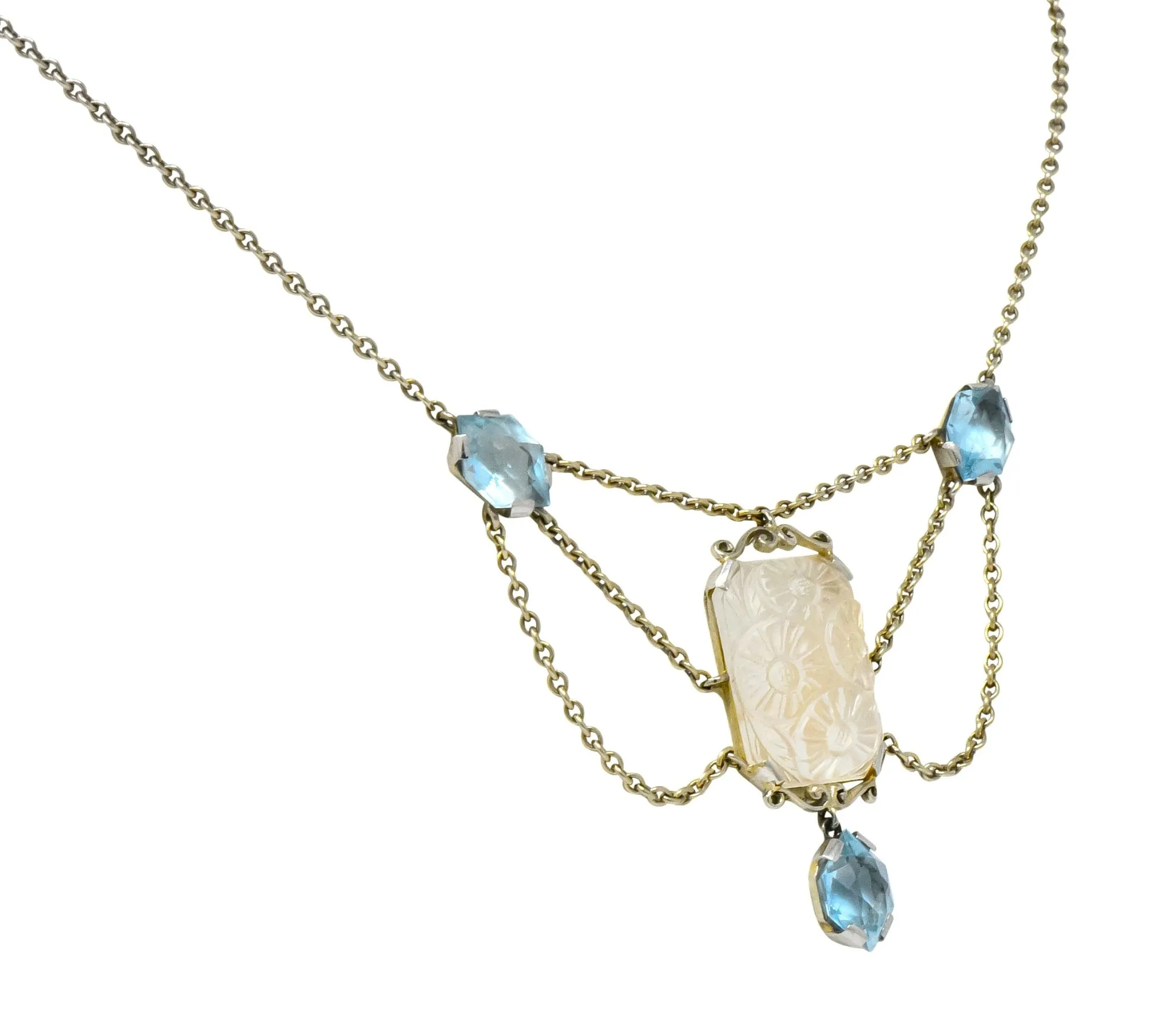 Art Nouveau Rock Crystal Mother of Pearl Aquamarine 18 Karat Gold Swag Necklace