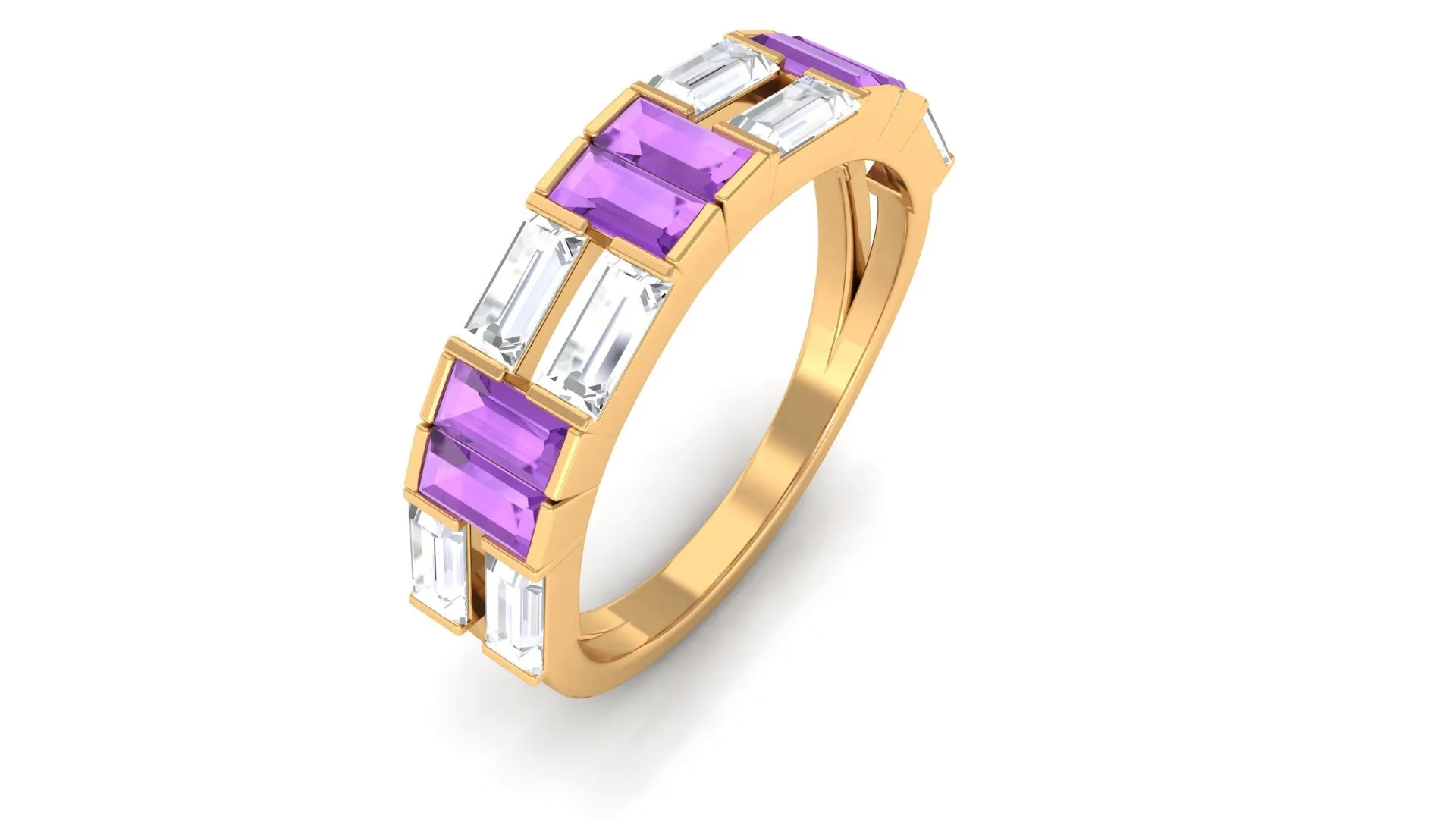 Baguette Cut Amethyst and Moissanite Half Eternity Ring