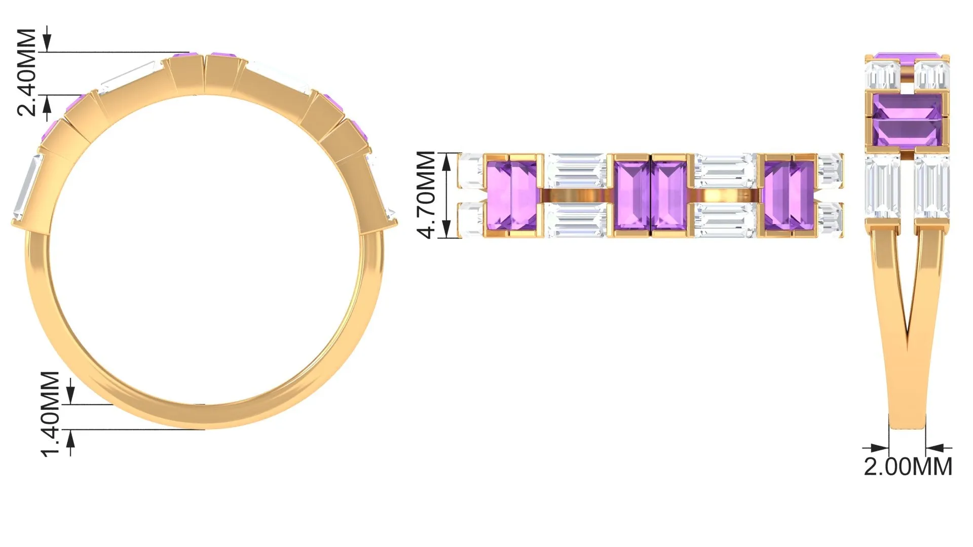 Baguette Cut Amethyst and Moissanite Half Eternity Ring