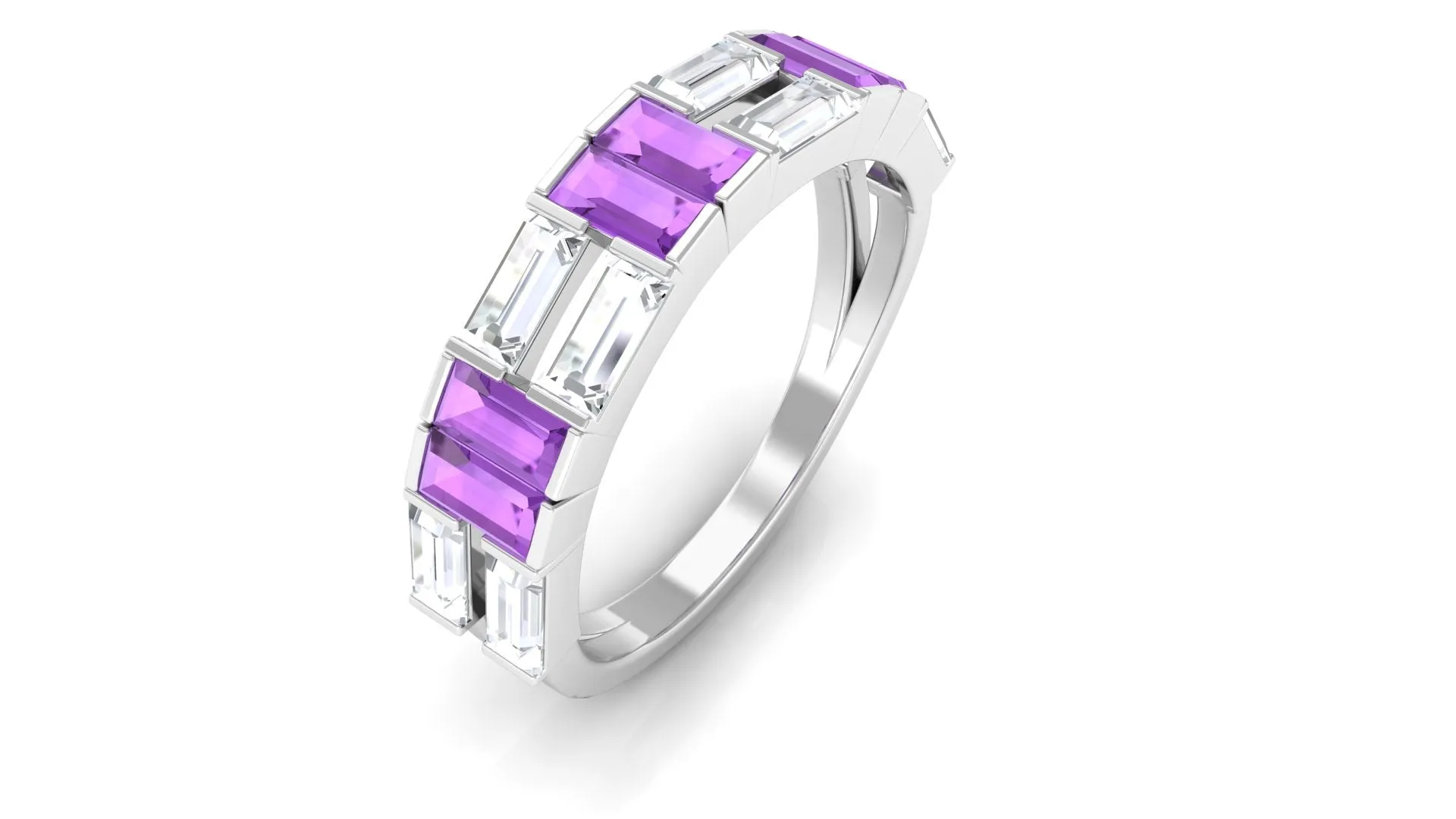 Baguette Cut Amethyst and Moissanite Half Eternity Ring