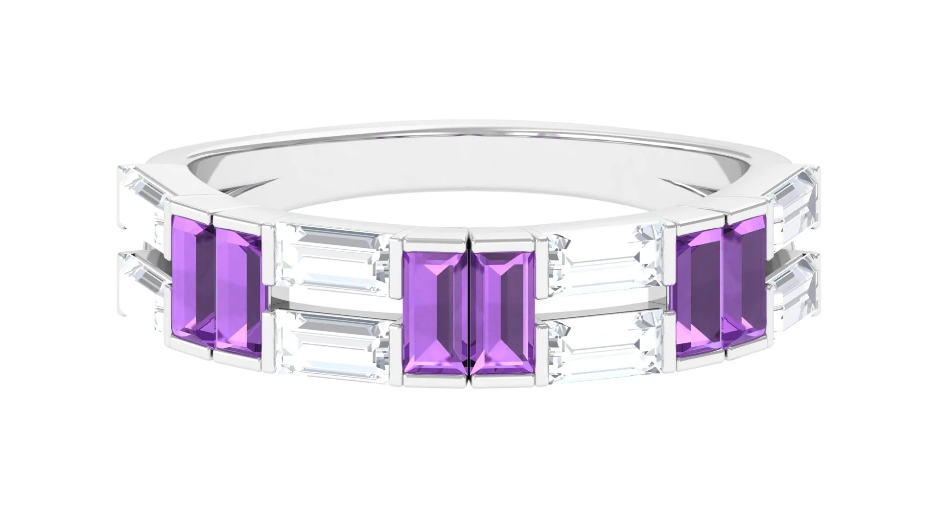 Baguette Cut Amethyst and Moissanite Half Eternity Ring