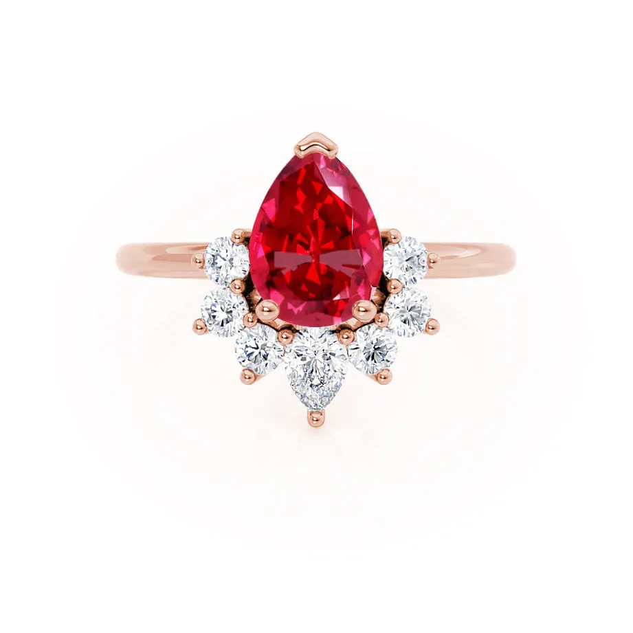 BALLET - Chatham® Pear Ruby & Diamond Half Halo Tiara Ring 18k Rose Gold