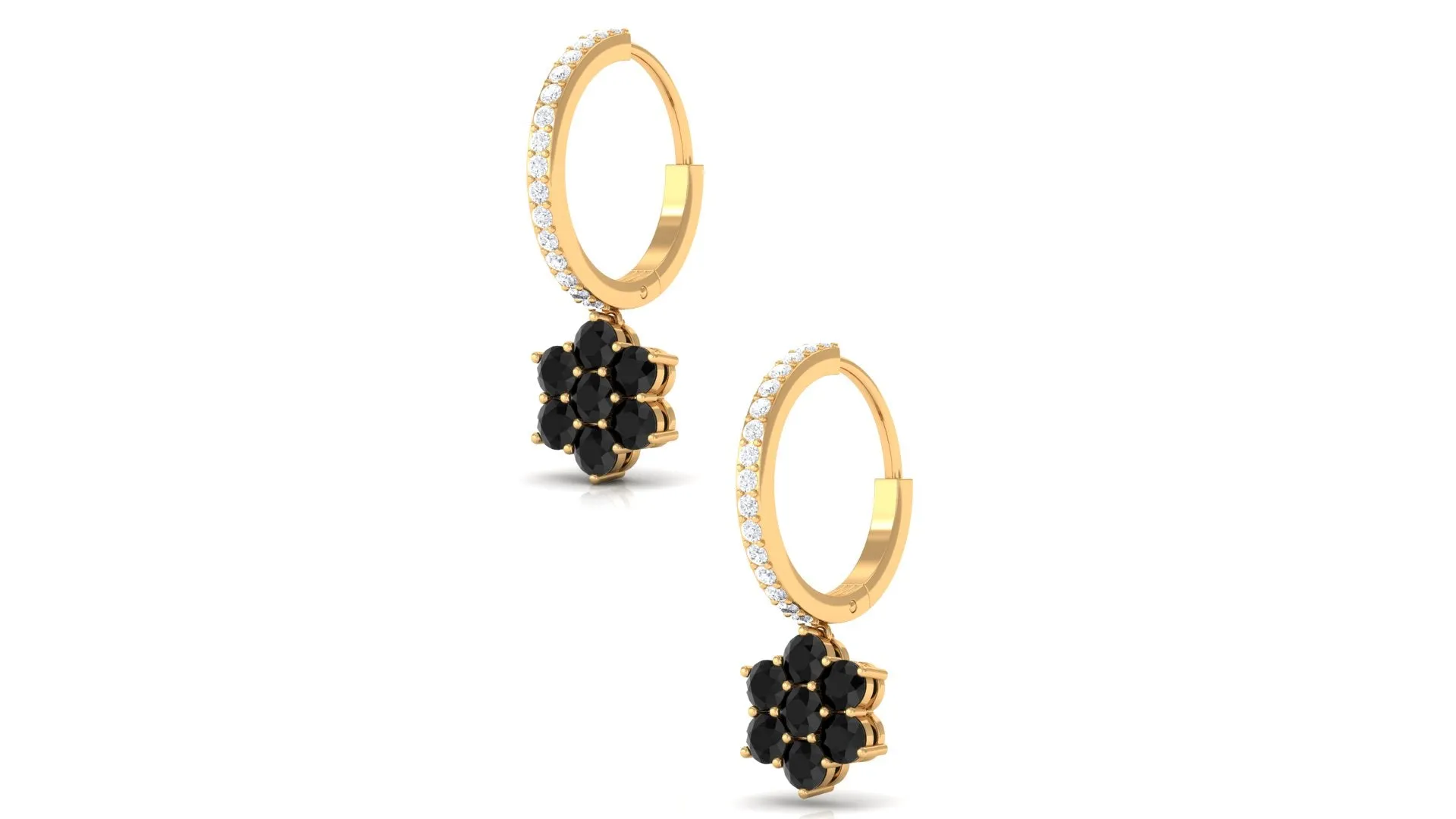 Black Onyx Flower Drop Earrings with Diamond Hoop