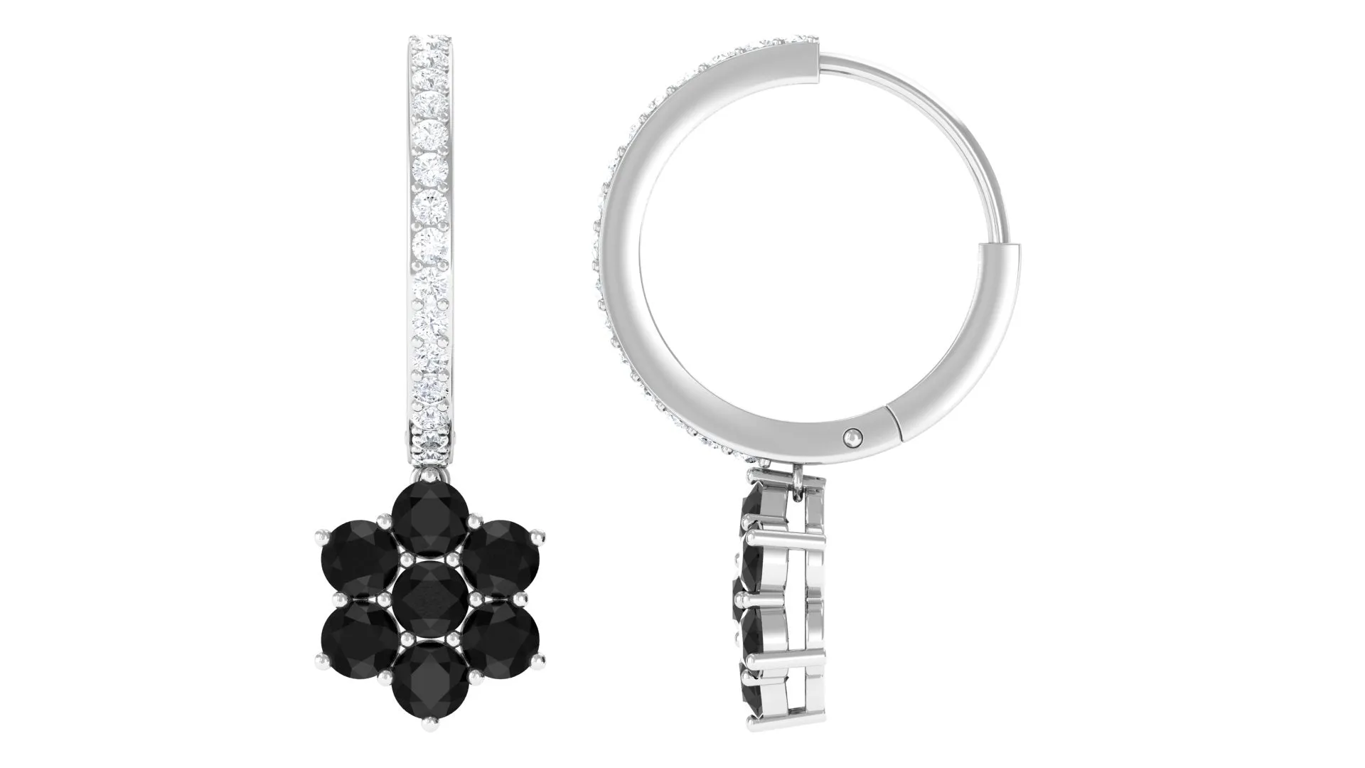 Black Onyx Flower Drop Earrings with Diamond Hoop