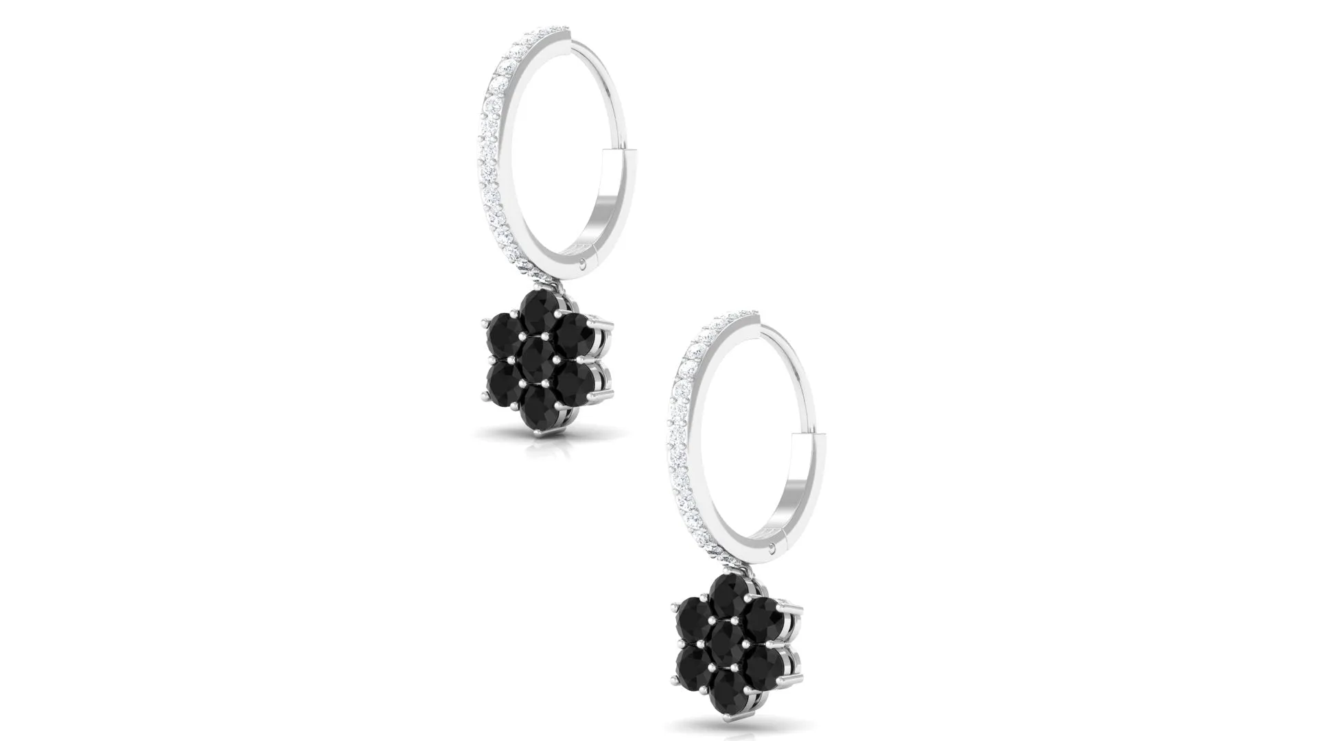 Black Onyx Flower Drop Earrings with Diamond Hoop