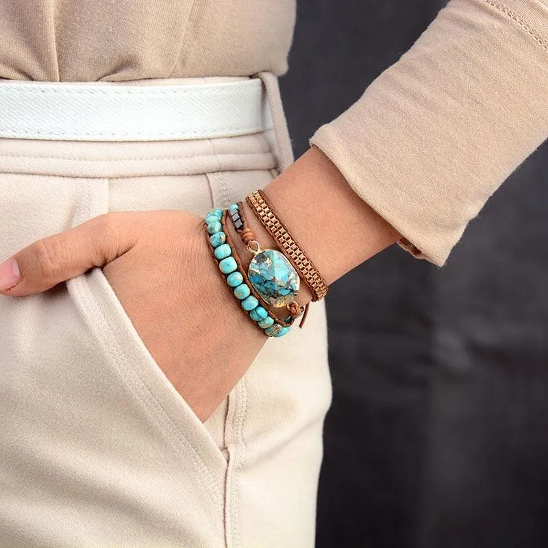 Blue Jasper Beads & Turquoise Charm Wrap Bracelet