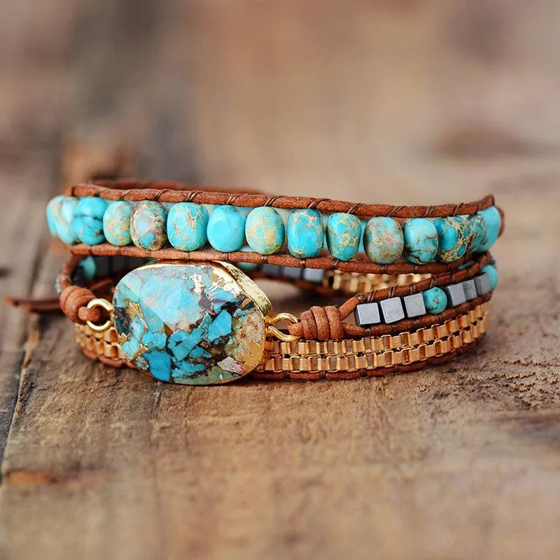 Blue Jasper Beads & Turquoise Charm Wrap Bracelet