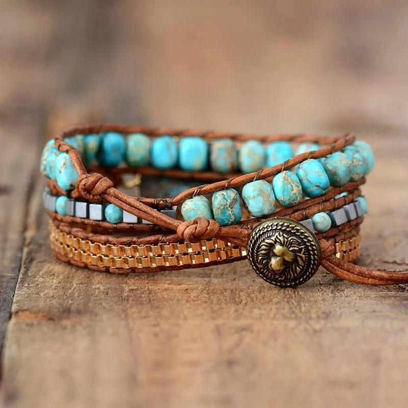 Blue Jasper Beads & Turquoise Charm Wrap Bracelet